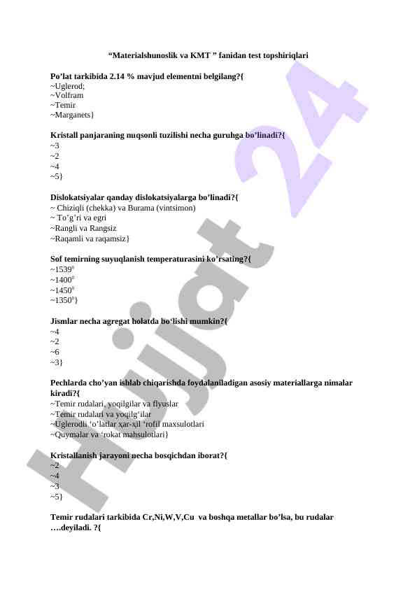 Kmt fanidan test topshiriqlari