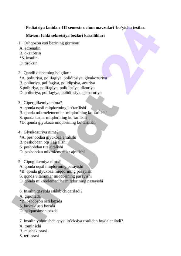 Pediatriya fanidan testlar va mavzular