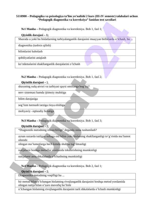 Pedagogik diagnostika va korreksiya test savollari