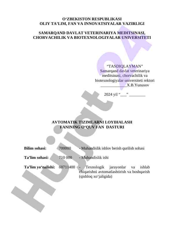Avtomatik tizimlarni loyihalash fan dasturi