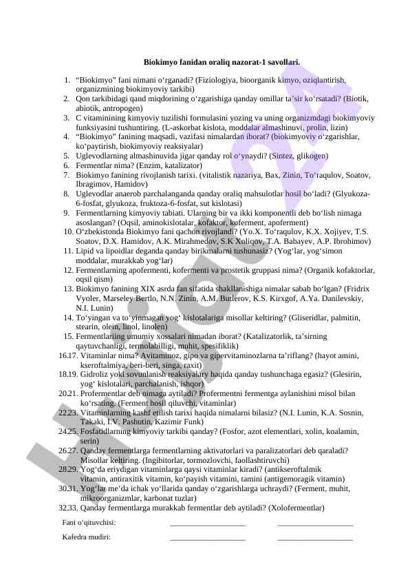 Biokimyo fanidan oraliq nazorat savollari