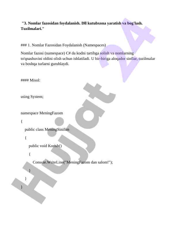 C# da nomlar fazosidan foydalanish va dll yaratish