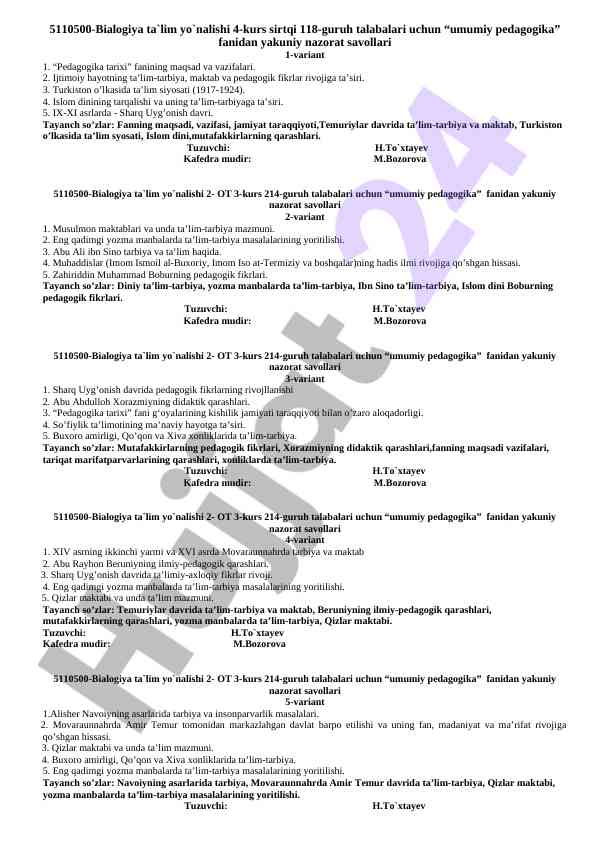 Umumiy pedagogika fanidan yakuniy nazorat savollari