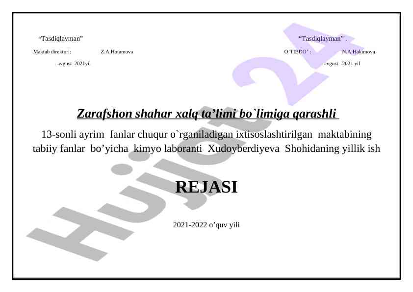 Kimyo laboranti yillik ish rejasi 2021-2022