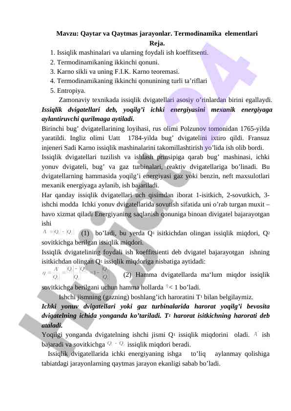 Termodinamika elementlari va issiqlik dvigatellari