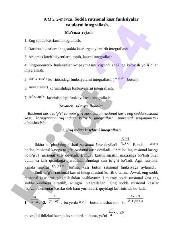 Sodda ratsional kasr funksiyalar va ularni integrallash