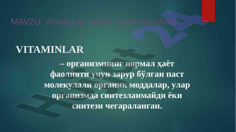 Vitaminlar klinik farmakologiyasi va tasnifi