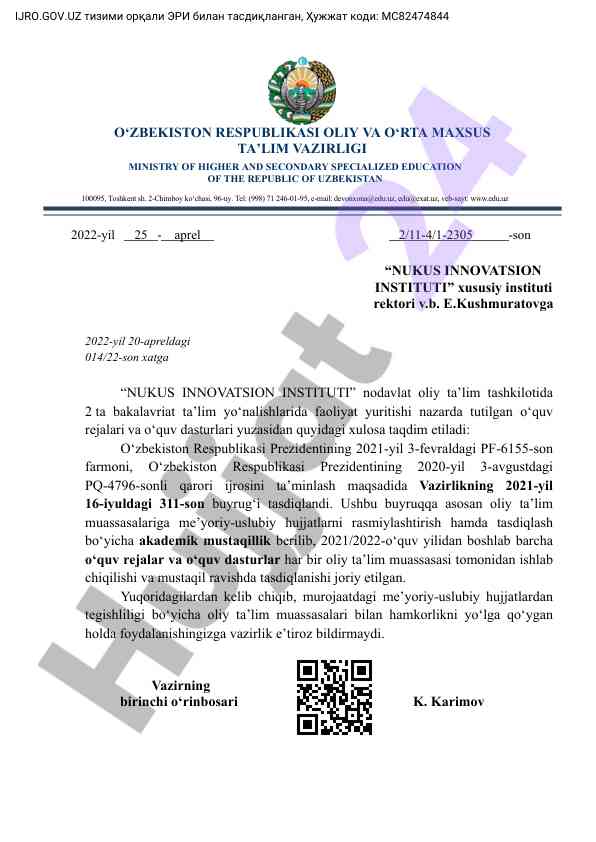 Oliy ta’lim muassasalari uchun o‘quv rejalarining taqdimoti