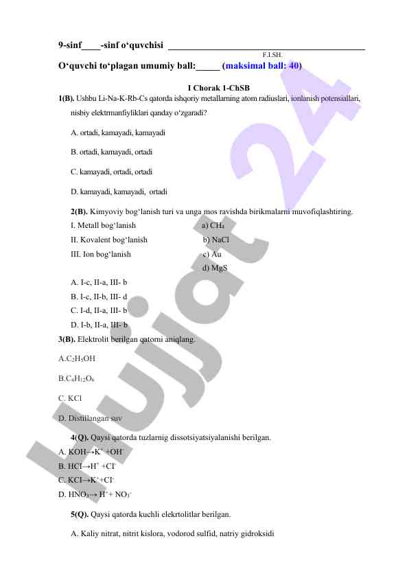 I chorat kimyo test savollari 9-sinf uchun