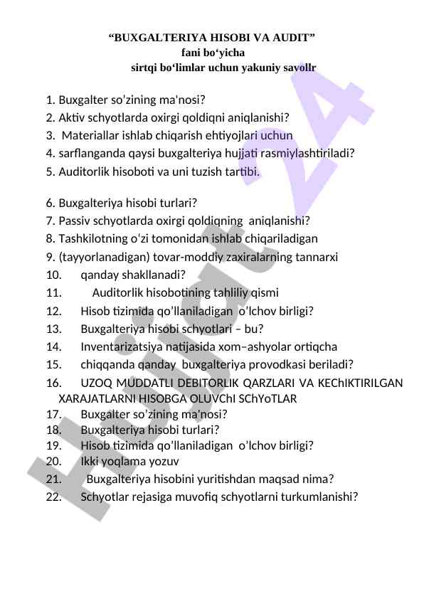 Buxgalteriya hisobi va audit yakuniy savollar