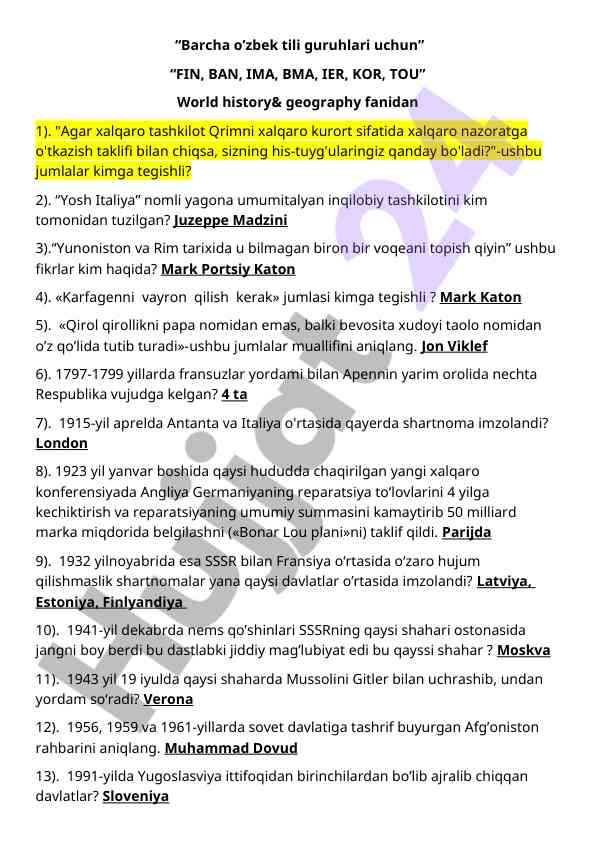O‘zbekiston tarixidan savol va javoblar