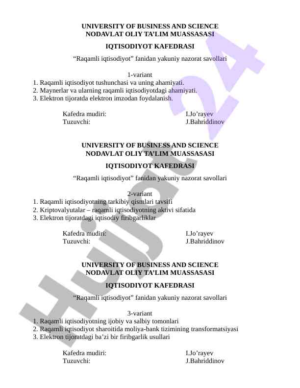 Raqamli iqtisodiyot fanidan nazorat savollari