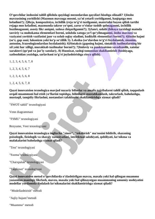 O‘quvchilarning insholarini tahlil qilish mezoni