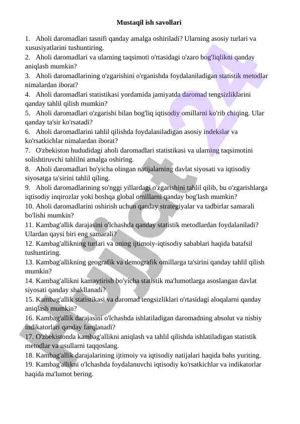 Aholi daromadlari va taqsimoti tahlili