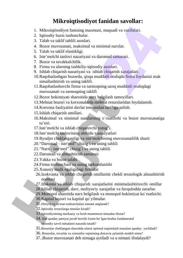 Mikroiqtisodiyot fanidan savollar tahlili