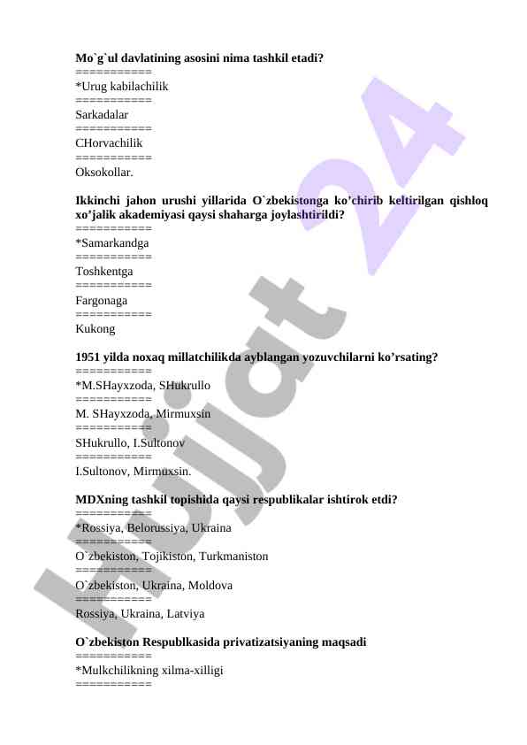 O‘zbekiston davlati haqida bilim sinov testi