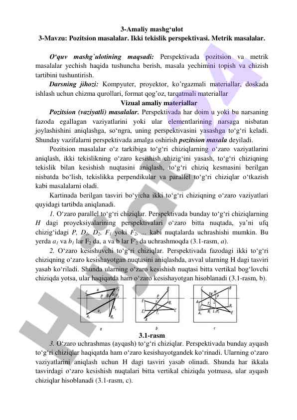 Pozitsion masalalar va metrik masalalar bo‘yicha amaliy mashg‘ulot