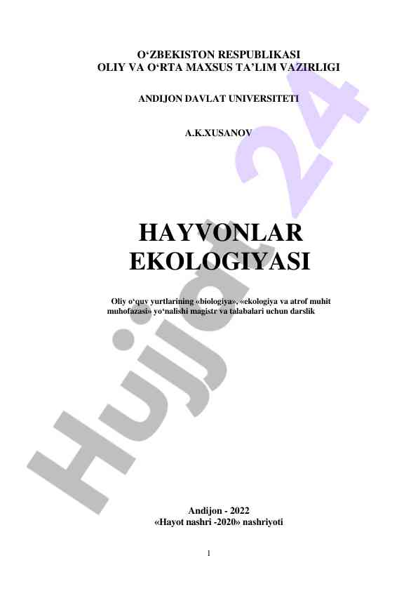 Hayvonlar ekologiyasi: oliy ta’lim darsligi