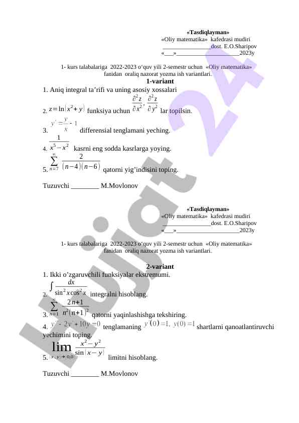 Oliy matematika darslik va nazorat varianti