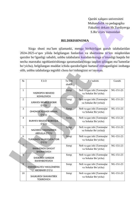 Talabalar qarzdorligi haqida bildirishnoma