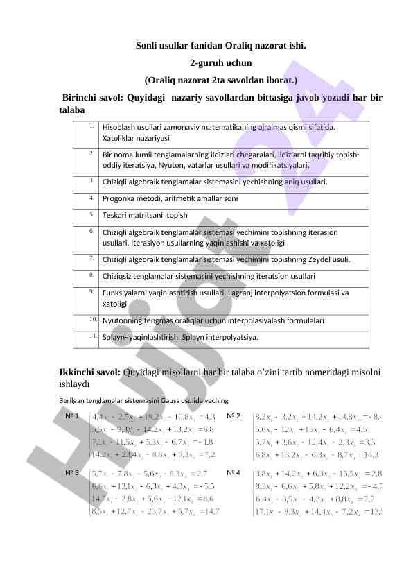 Sonli usullar fanidan oraliq nazorat ishi