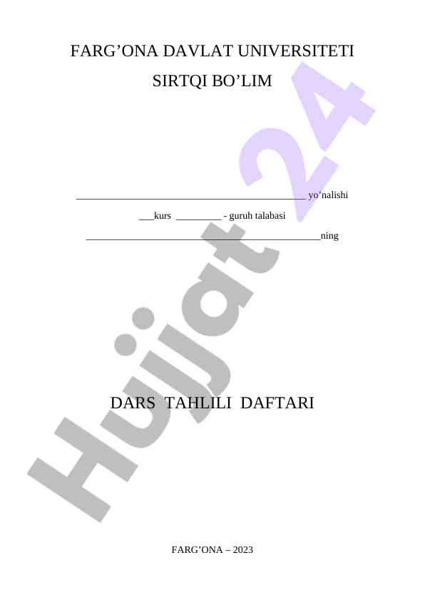 Dars tahlili daftari uchun namuna
