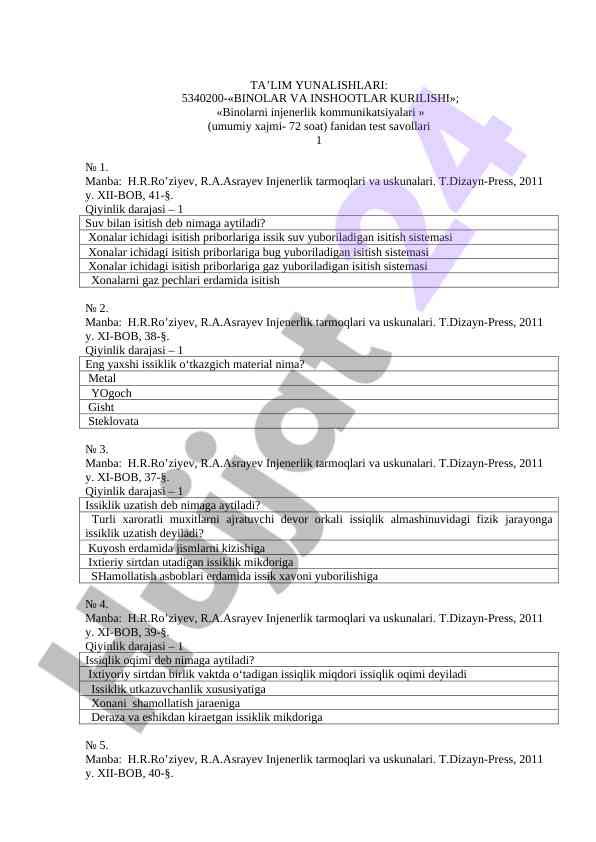 Binolar va inshootlar kurilishi fanidan test savollari