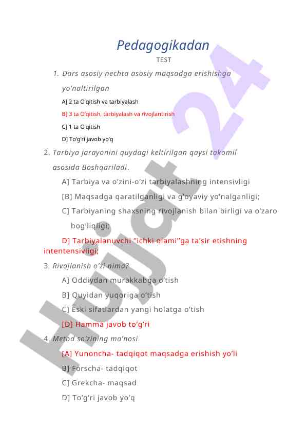 Pedagogikadan test savollari tahlili
