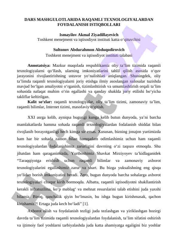 Dars mashg‘ulotlarida raqamli texnologiyalardan foydalanish
