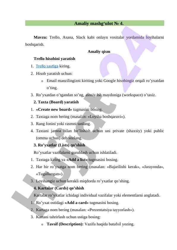 Onlayn vositalar bilan loyiha boshqarish usullari