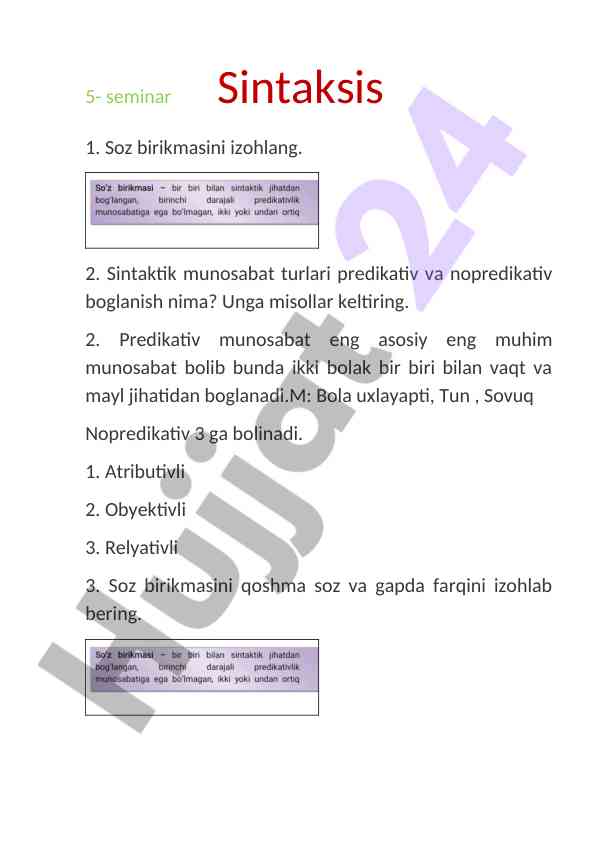 Sintaksis buyicha seminar savollari va misollar