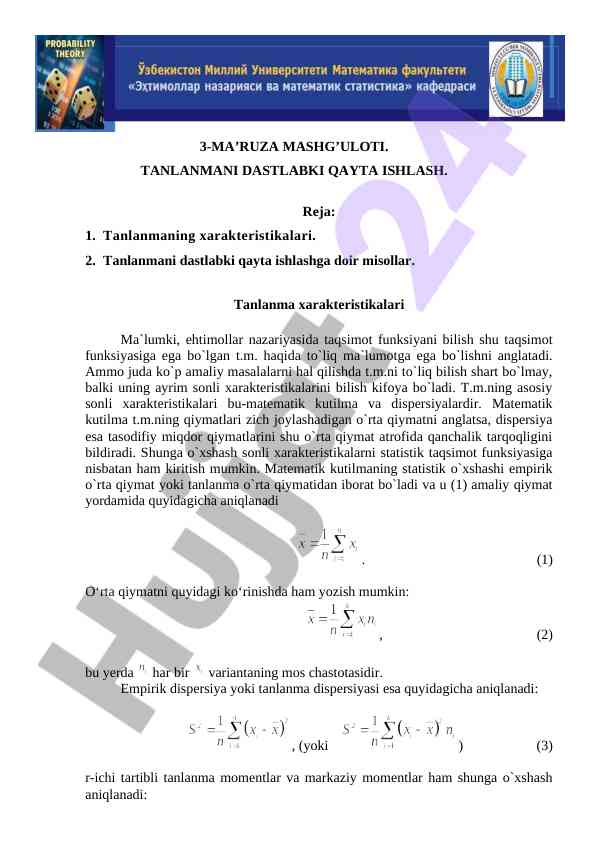 Tanlanmani dastlabki qayta ishlash haqida ma'ruza