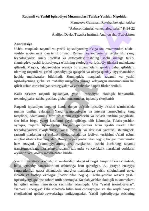 Raqamli va yashil iqtisodiyot muammolari talaba-yoshlar