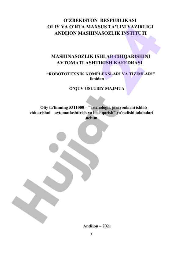 Robototexnik komplekslari va tizimlari o‘quv uslubiy majmua