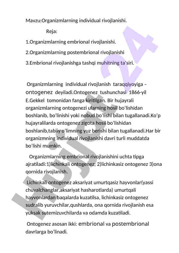 Organizmlarning individual rivojlanishi tushunchasi