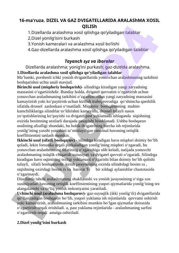 Dizel va gaz dvigatellarida aralashma xosil qilish