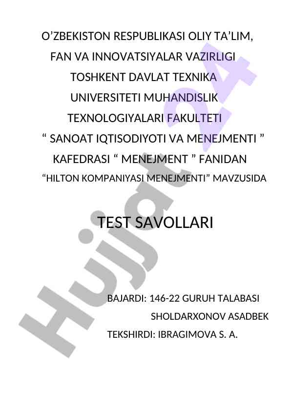 Hilton kompaniyasi manejmenti test savollari