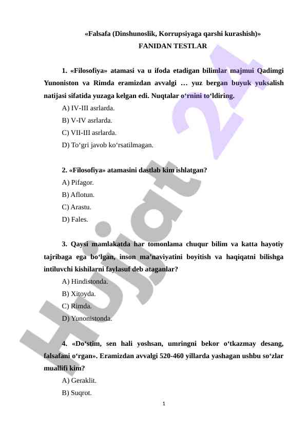 Falsafa fanidan testlar va savollar