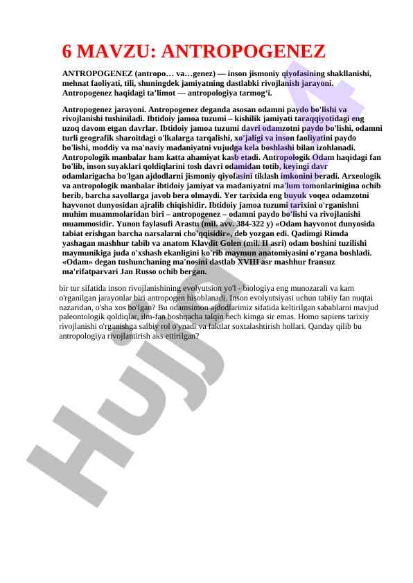 Antropogeneznin rivojlanishi va asosiy jarayonlari