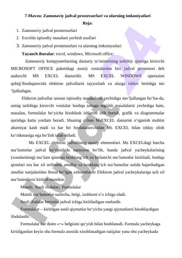 Zamonaviy jadval prostessorlari va ularning imkoniyatlari