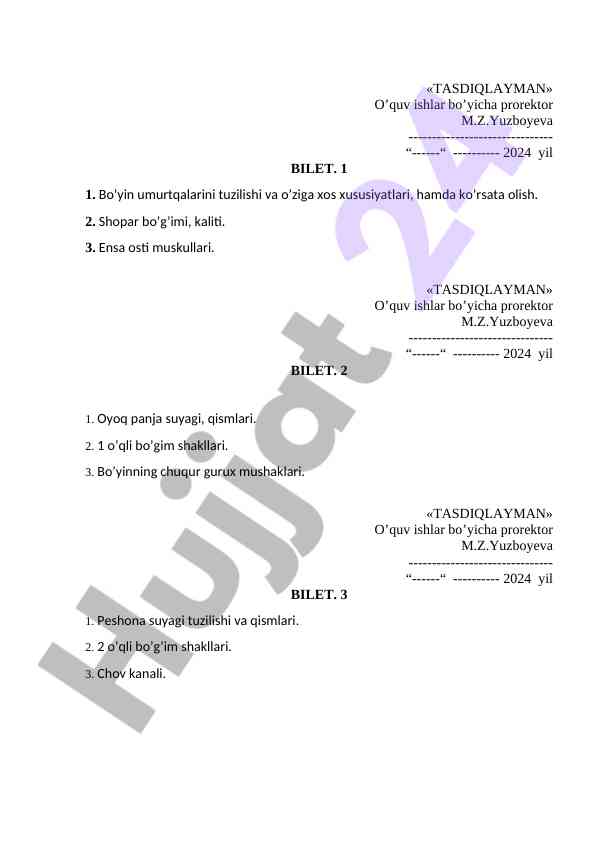 Anatomik tuziylar bo'yicha test savollari