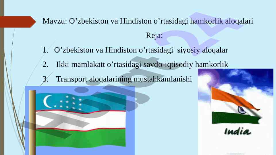 O‘zbekiston va hindiston o'rtasidagi hamkorlik aloqalari