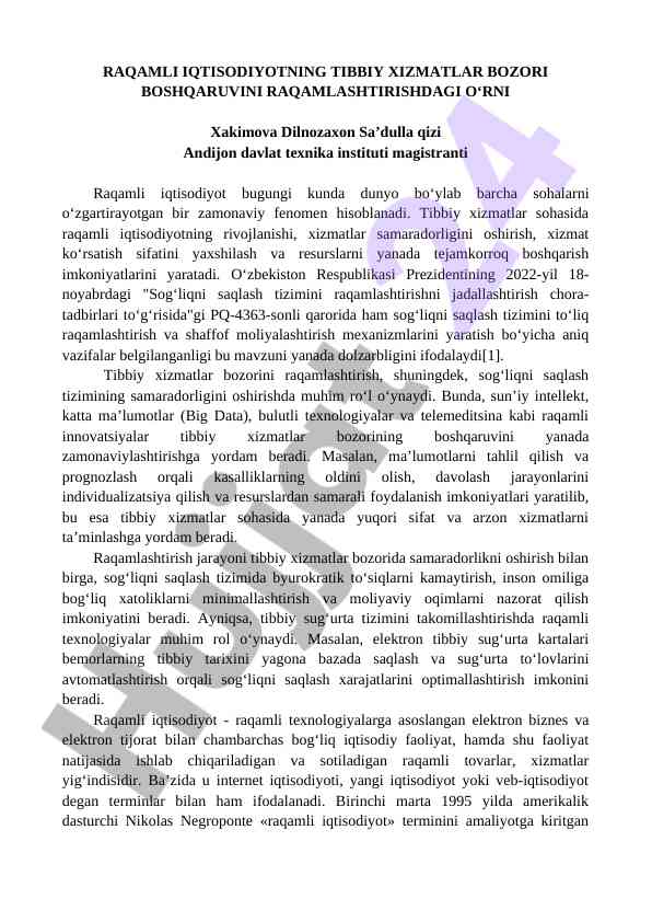 Raqamli iqtisodiyotning tibbiy xizmatlar bozoridagi o‘rni