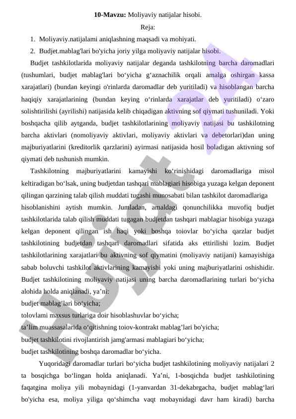 Moliyaviy natijalar hisobi mavzusi