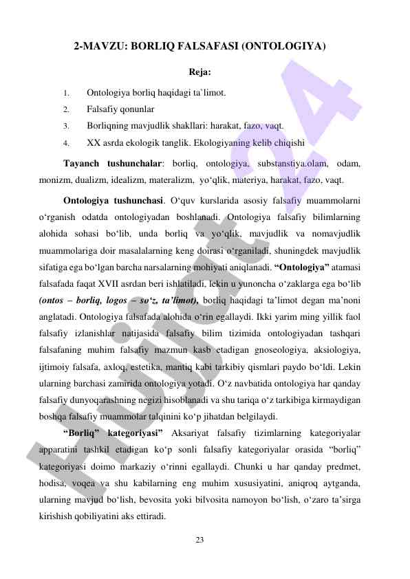 Ontologiya haqida falsafiy ta'limotlar