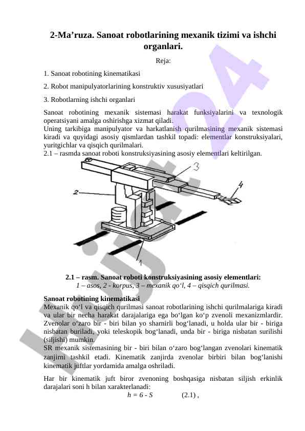 Sanoat robotlarining mexanik tizimi va ishchi organlari