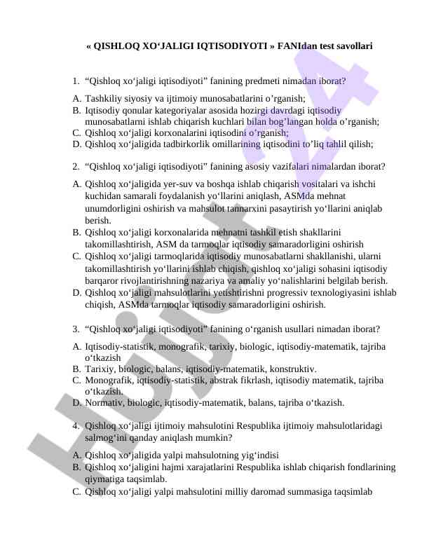 Qishloq xo‘jaligi iqtisodiyoti fanidan test savollari