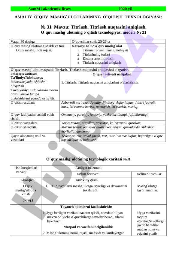Titrlash usullari va titrimetrik analiz jarayonlari