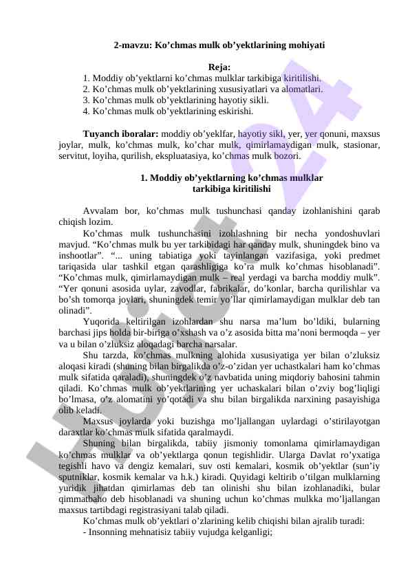 Ko’chmas mulk ob’yektlarining mohiyati to'g'risida