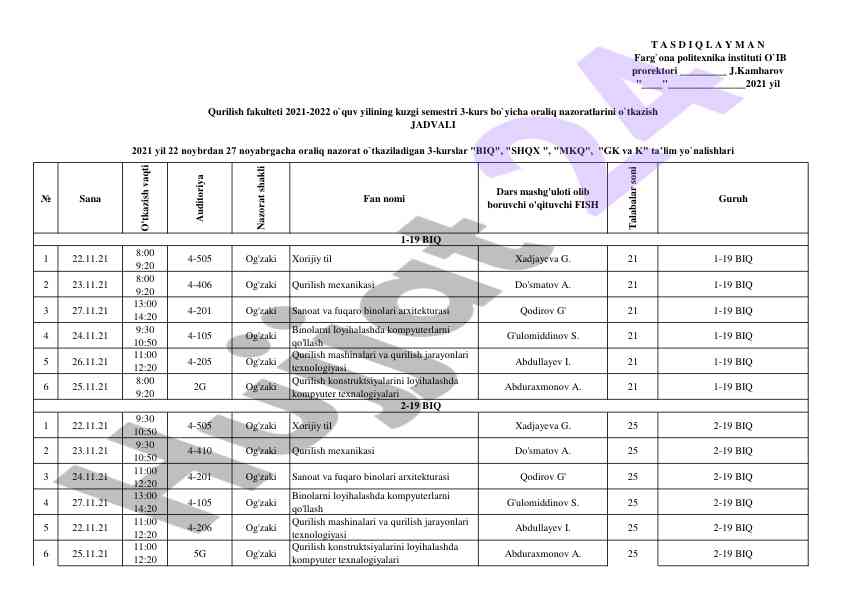 O'zbek tili dars mashg'ulotlari schedules
